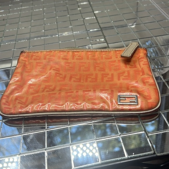 Fendi Zucco Zucchino Orange Peach Clear Coated Canvas Zip Pouch Clutch Bag - Picture 2 of 12